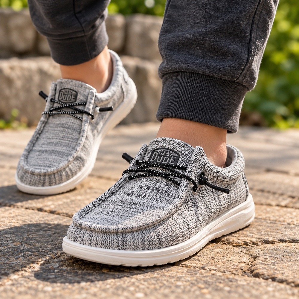 Hey Dude Wally Youth Stretch Grey Marl Knit Slip On Loafers Shoes Size Y3 L4